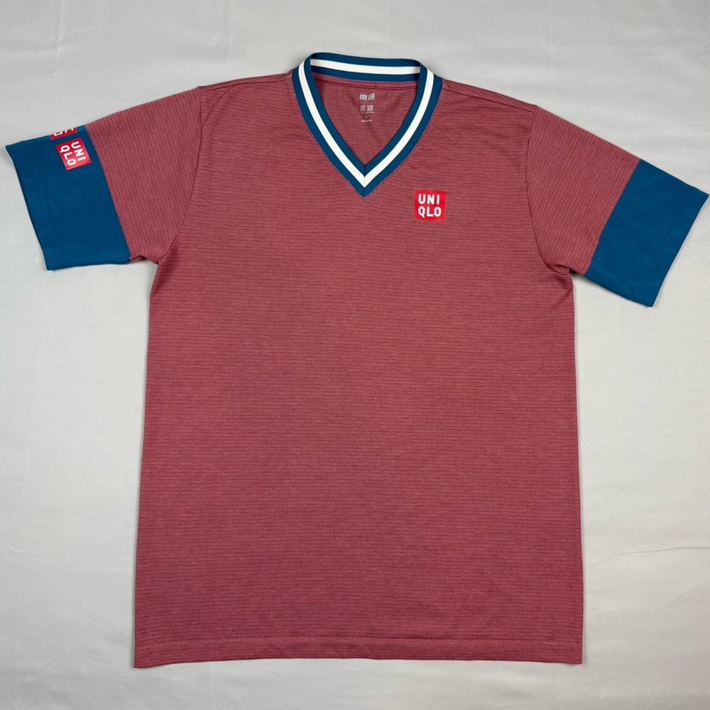 Uniqlo Kei Nishikori Mens Tennis Jersey Shirt Sz Large Dry-EX V-Neck Pink C4